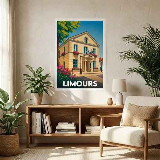 Affiche souvenir de la ville de Limours illustrant son hôtel de ville dans un style graphique et coloré.