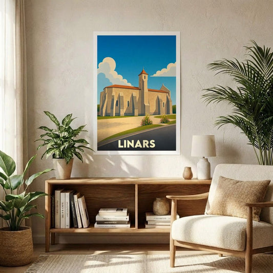 Affiche souvenir de la ville de Linars présentant une illustration stylisée de son église sous un ciel bleu azur.