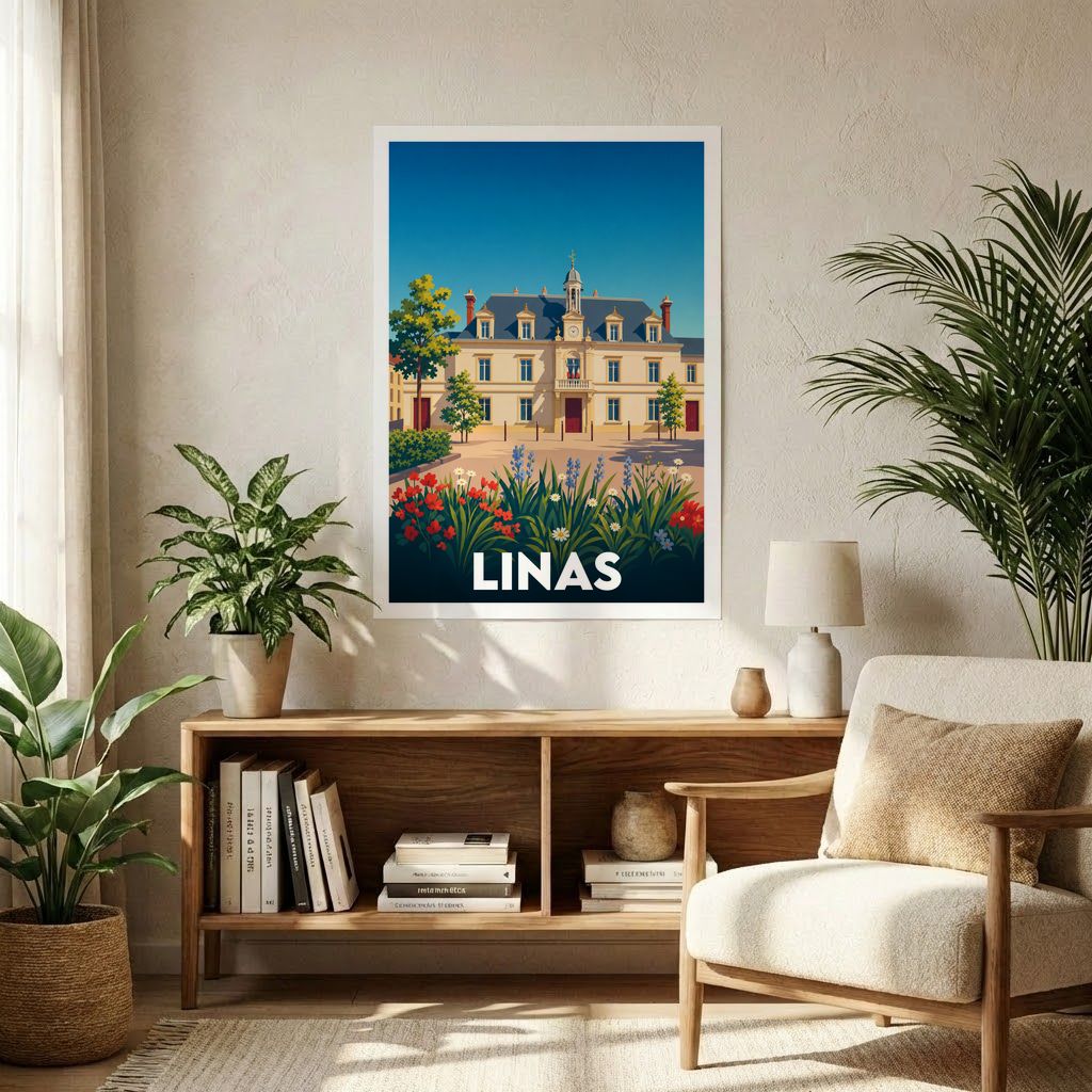 Affiche souvenir de la ville de Linas avec une illustration stylisée d'un bâtiment historique entouré de fleurs.