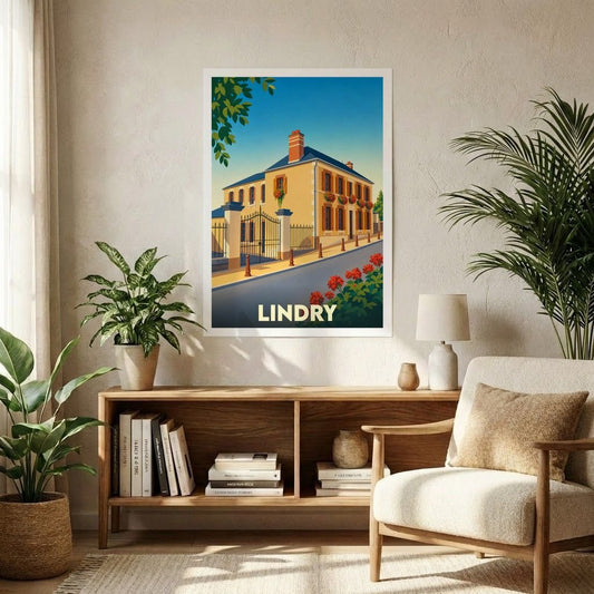 Affiche souvenir de la ville de Lindry illustrant une maison bourguignonne typique dans un style vintage coloré.