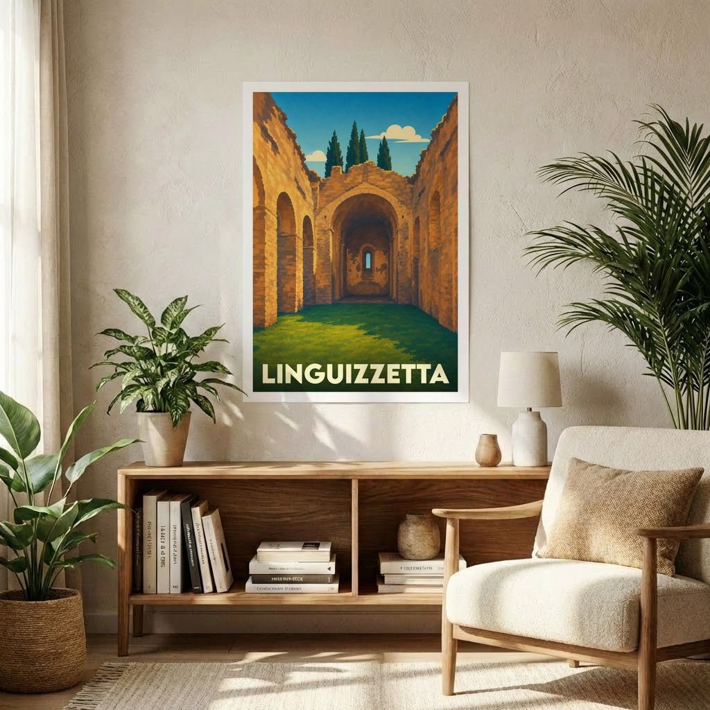 Affiche souvenir de la ville de Linguizzetta illustrant les ruines d'un édifice en pierre sous un ciel bleu.