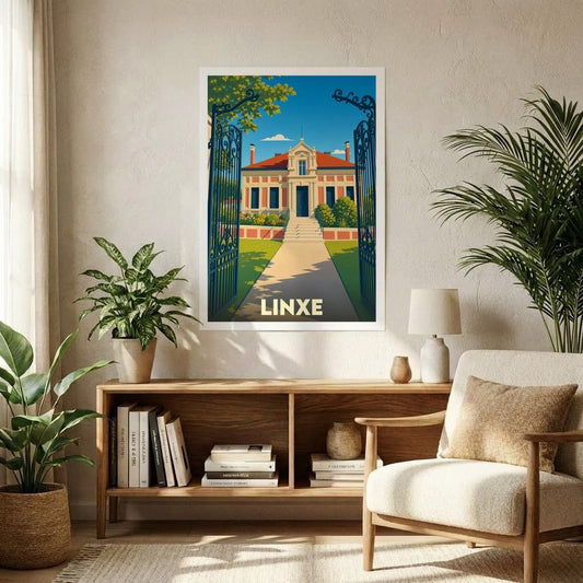 Affiche souvenir de la ville de Linxe avec une illustration stylisée d'une demeure bourgeoise.
