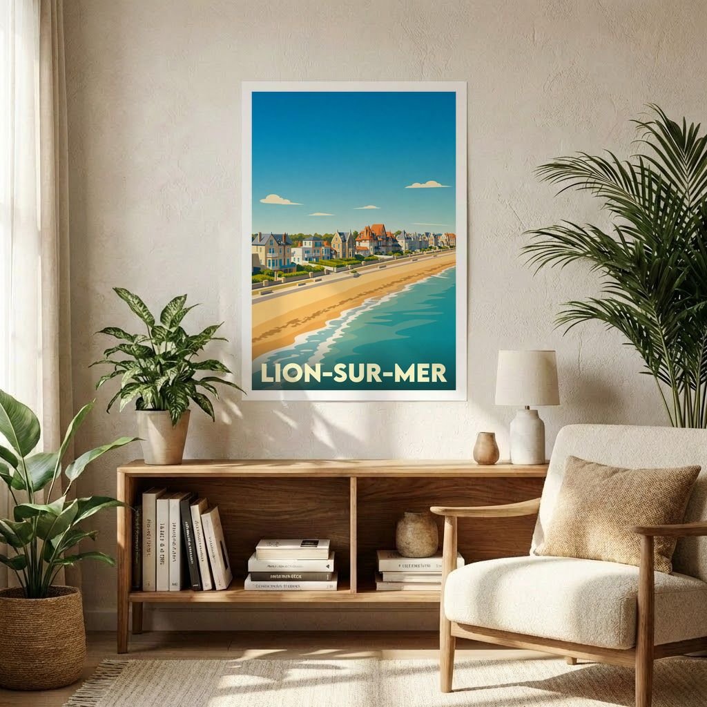 Affiche souvenir de la ville de Lion-sur-Mer avec une illustration stylisée d'un bord de mer.
