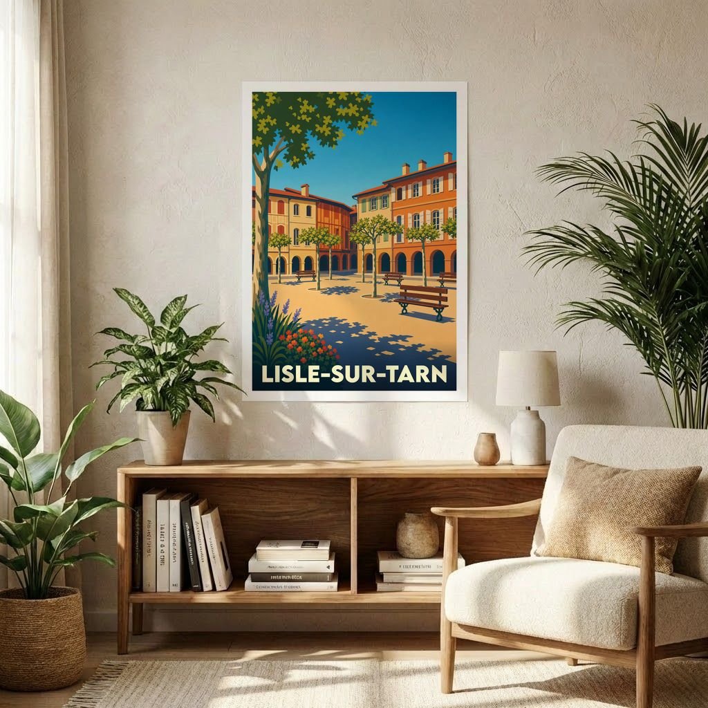 Affiche souvenir de la ville de Lisle-sur-Tarn avec une illustration stylisée de sa place centrale ensoleillée.