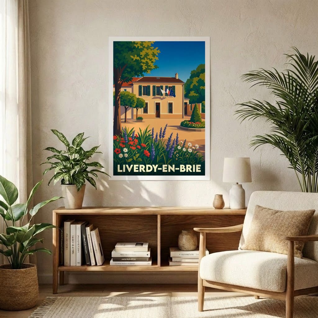 Affiche souvenir de la ville de Liverdy-en-Brie avec une illustration stylisée de sa mairie fleurie.