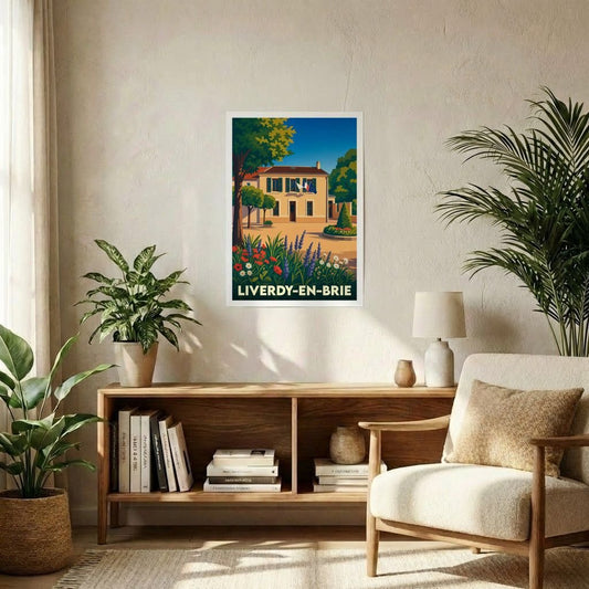 Affiche souvenir de la ville de Liverdy-en-Brie présentant une illustration stylisée de sa mairie fleurie.