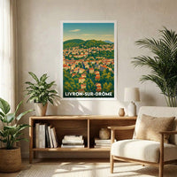 Affiche souvenir de la ville de Livron-sur-Drôme avec une illustration stylisée de ses collines et maisons.