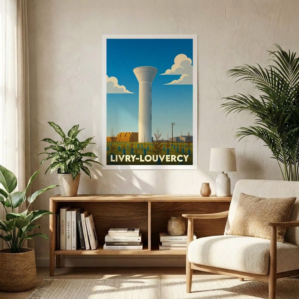 Affiche souvenir de la ville de Livry-Louvercy représentant un château d'eau stylisé dans un paysage champêtre.