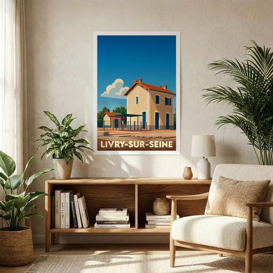 Affiche souvenir de la ville de Livry-sur-Seine avec une illustration stylisée de sa gare ferroviaire.