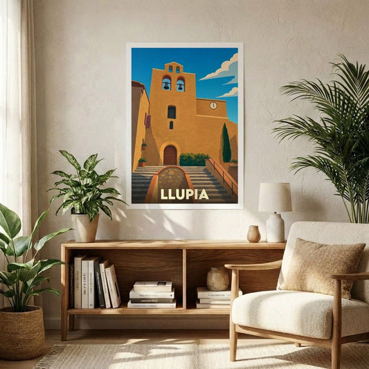 Affiche souvenir de la ville de Llupia présentant une illustration stylisée de son église sous un ciel bleu.