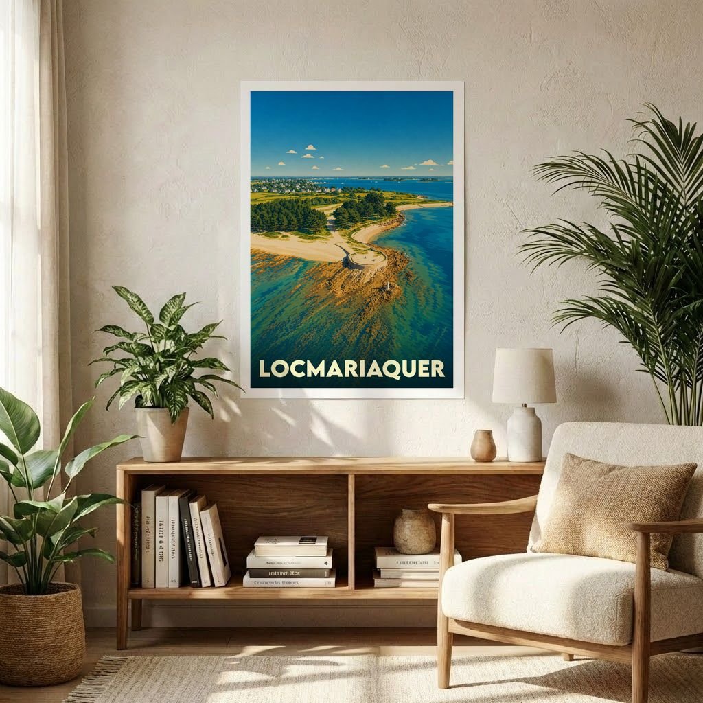 Affiche souvenir de la ville de Locmariaquer avec une illustration stylisée d'un paysage côtier.