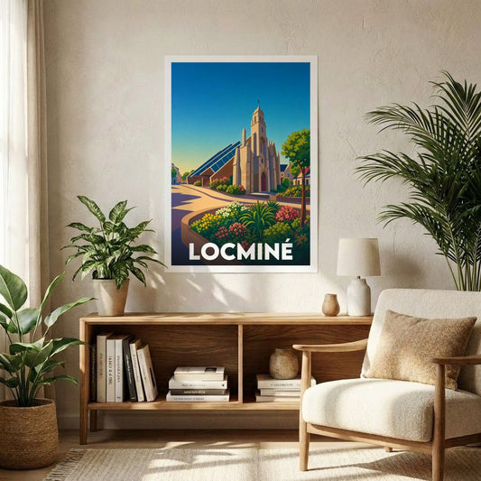 Affiche souvenir de la ville de Locminé avec une illustration stylisée.