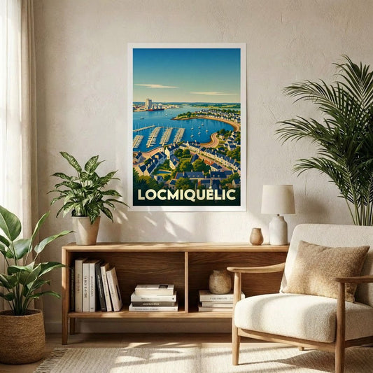 Affiche souvenir de la ville de Locmiquélic avec une illustration stylisée de son port et de ses côtes.