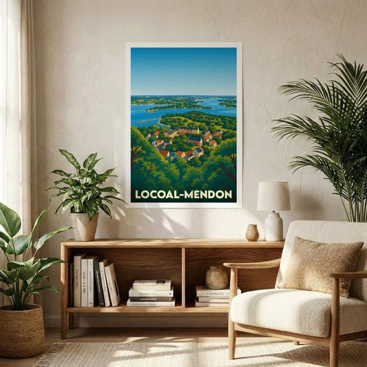 Affiche souvenir de la ville de Locoal-Mendon avec une illustration stylisée et colorée du paysage côtier.