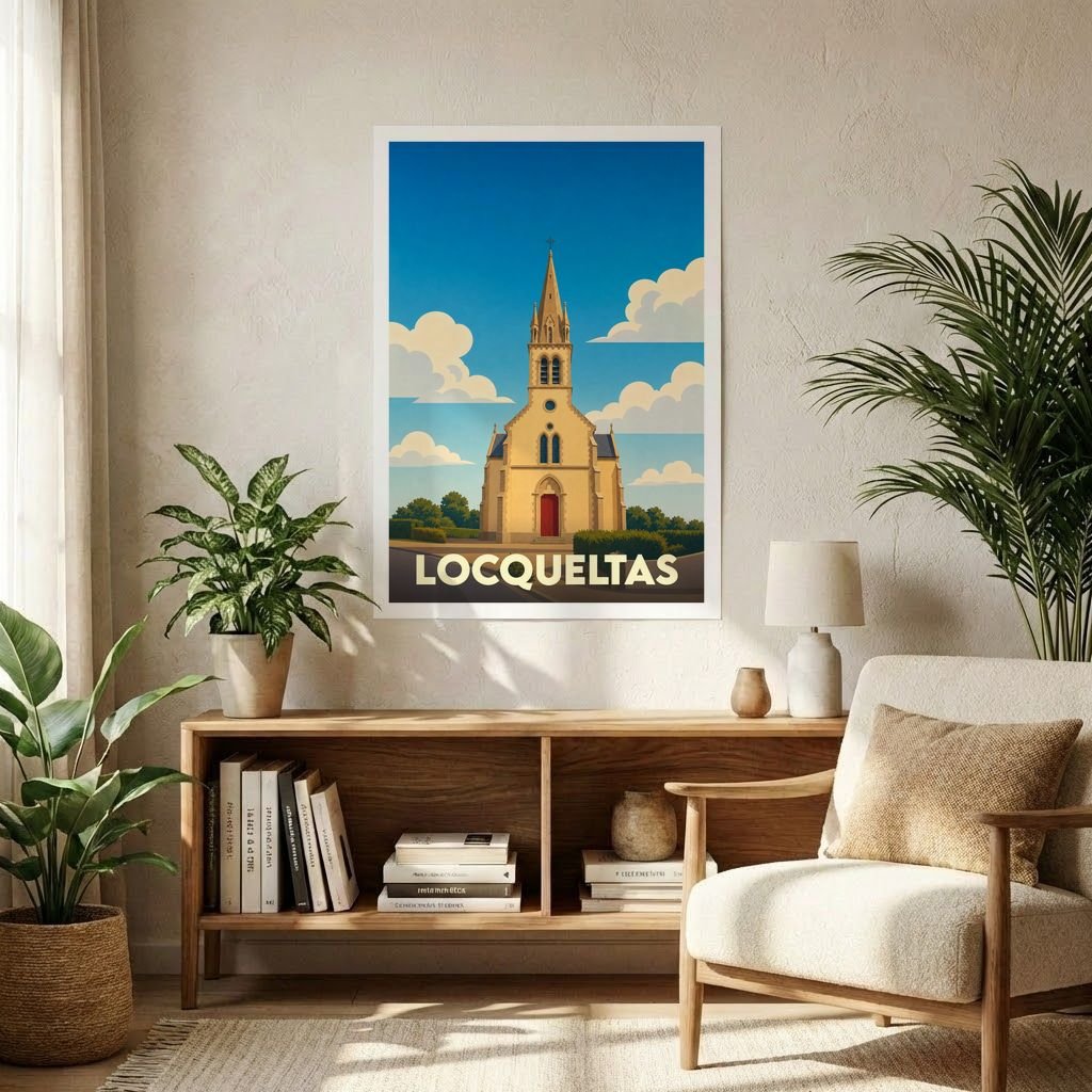 Affiche souvenir de la ville de Locqueltas représentant son église dans un style graphique épuré.