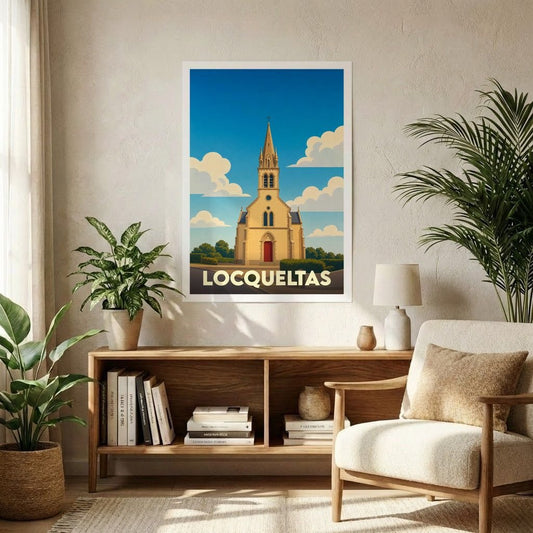 Affiche souvenir de la ville de Locqueltas représentant son église dans un style graphique épuré.