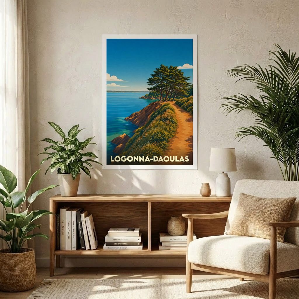 Affiche souvenir de la ville de Logonna-Daoulas avec une illustration stylisée d'un sentier côtier.