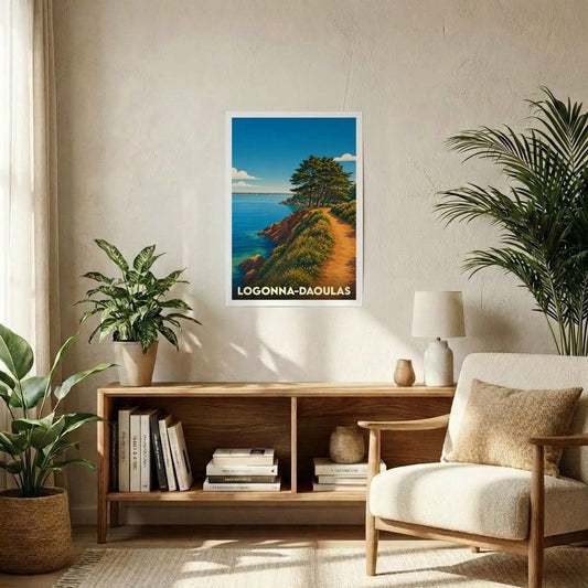 Affiche souvenir de la ville de Logonna-Daoulas représentant un sentier côtier dans un style illustré et coloré.