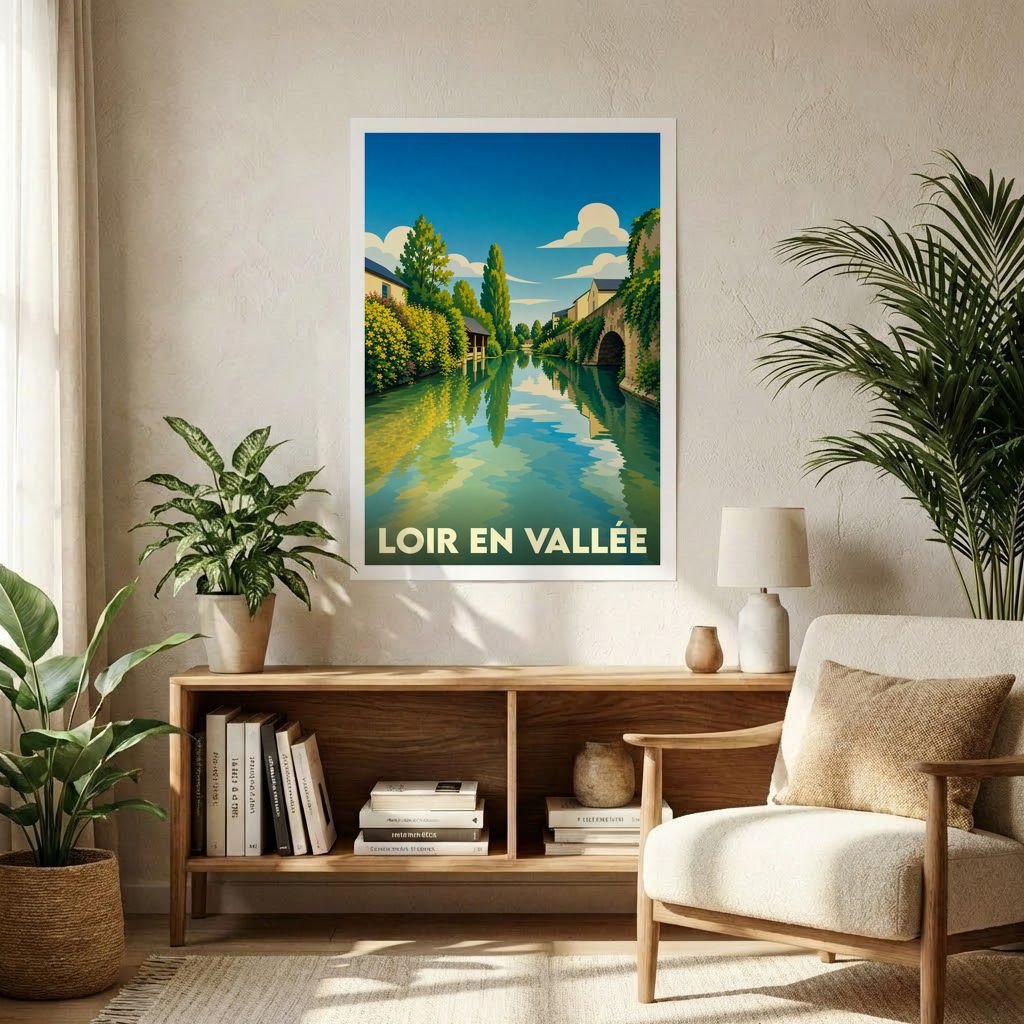 Affiche souvenir de la ville de Loir en Vallée avec une illustration stylisée.