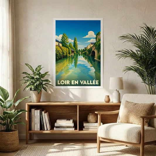 Affiche souvenir de la ville de Loir en Vallée avec une illustration stylisée.