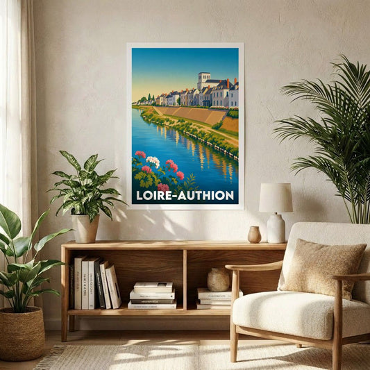 Affiche souvenir de la ville de Loire-Authion avec une illustration stylisée de ses bords de fleuve.