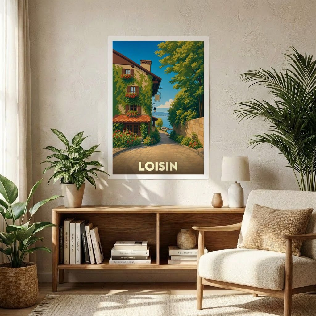 Affiche souvenir de la ville de Loisin avec une illustration stylisée d'une ruelle fleurie menant au lac.