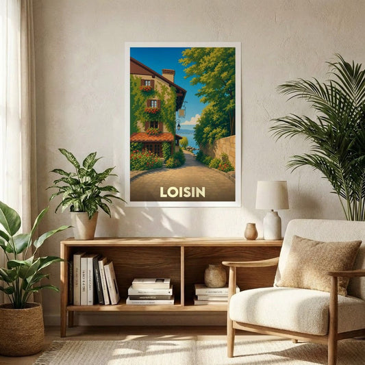 Affiche souvenir de la ville de Loisin avec une illustration stylisée d'une ruelle fleurie menant au lac.