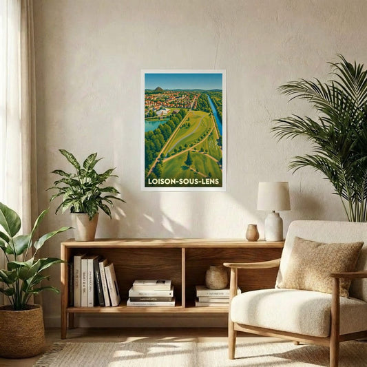 Affiche souvenir de la ville de Loison-sous-Lens avec une illustration stylisée d'un paysage verdoyant.