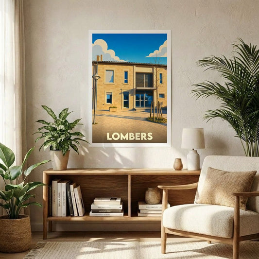 Affiche souvenir de la ville de Lombers avec une illustration stylisée d'un bâtiment moderne sous un ciel azur.