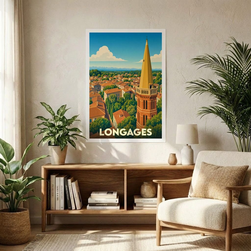 Affiche souvenir de la ville de Longages avec une illustration stylisée de son clocher et de ses toits.