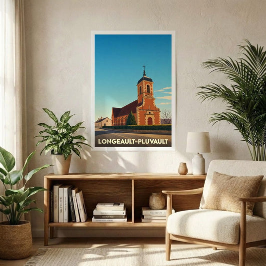 Affiche souvenir de la ville de Longeault-Pluvault illustrant son église dans un style graphique épuré.