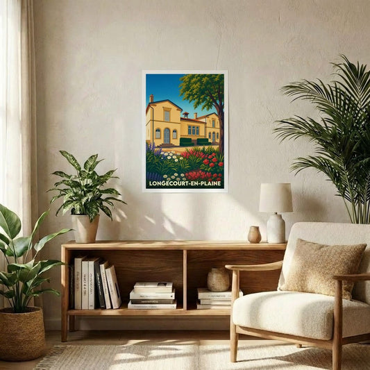Affiche souvenir de la ville de Longecourt-en-Plaine avec une illustration stylisée d'un bâtiment historique et de jardins fleuris.