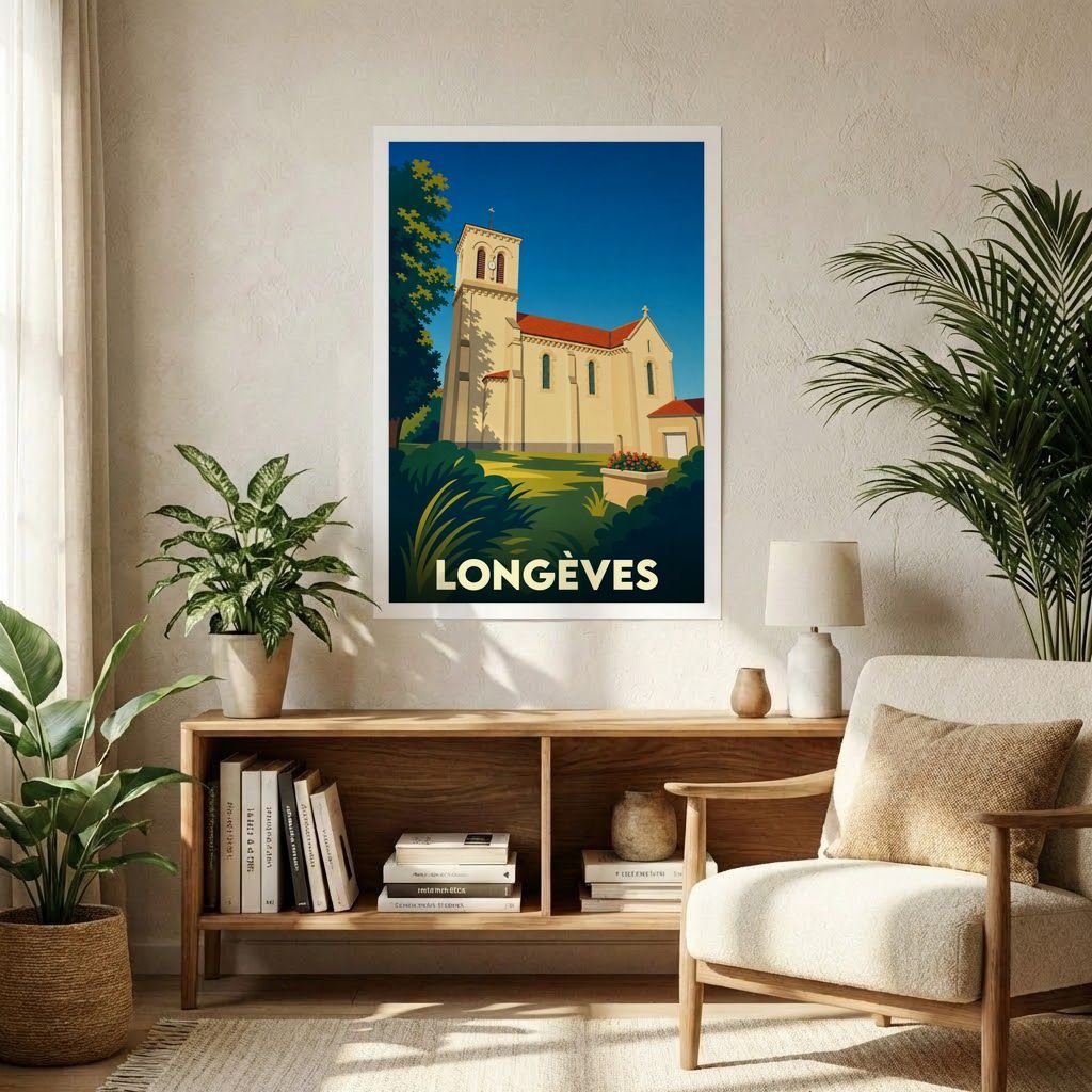 Affiche souvenir de la ville de Longèves représentant son église dans un style graphique épuré et coloré.