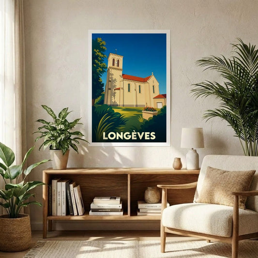 Affiche souvenir de la ville de Longèves représentant son église dans un style graphique épuré et coloré.