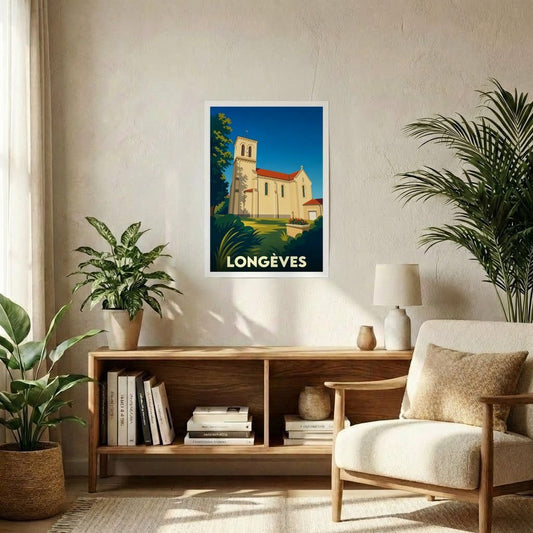 Affiche souvenir de la ville de Longèves avec une illustration stylisée de son église.