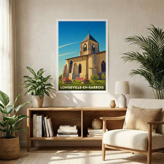 Affiche souvenir de la ville de Longeville-en-Barrois représentant son église dans un style illustré et coloré.