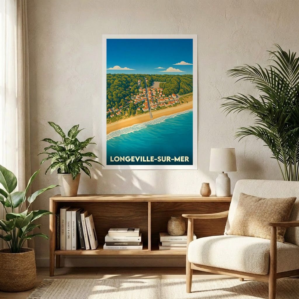 Affiche souvenir de la ville de Longeville-sur-Mer illustrant une vue aérienne stylisée du littoral et de la forêt.