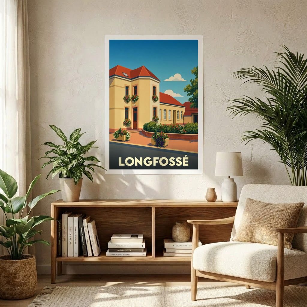 Affiche souvenir de la ville de Longfossé avec une illustration stylisée et colorée de son architecture.