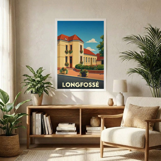 Affiche souvenir de la ville de Longfossé avec une illustration stylisée et colorée de son architecture.
