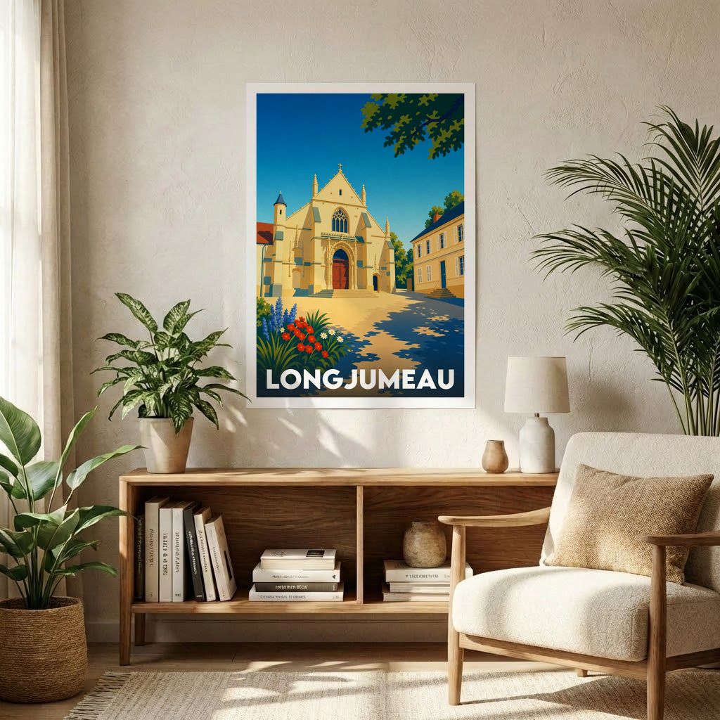 Affiche souvenir de la ville de Longjumeau avec une illustration stylisée et colorée de son patrimoine.