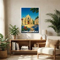 Affiche souvenir de la ville de Longjumeau avec une illustration stylisée et colorée de son patrimoine.
