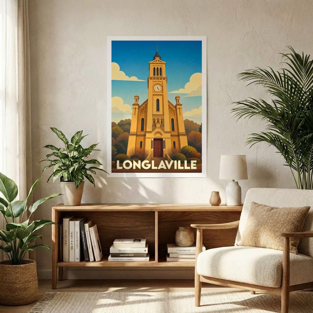Affiche souvenir de la ville de Longlaville avec une illustration stylisée d'une église sous un ciel azur.