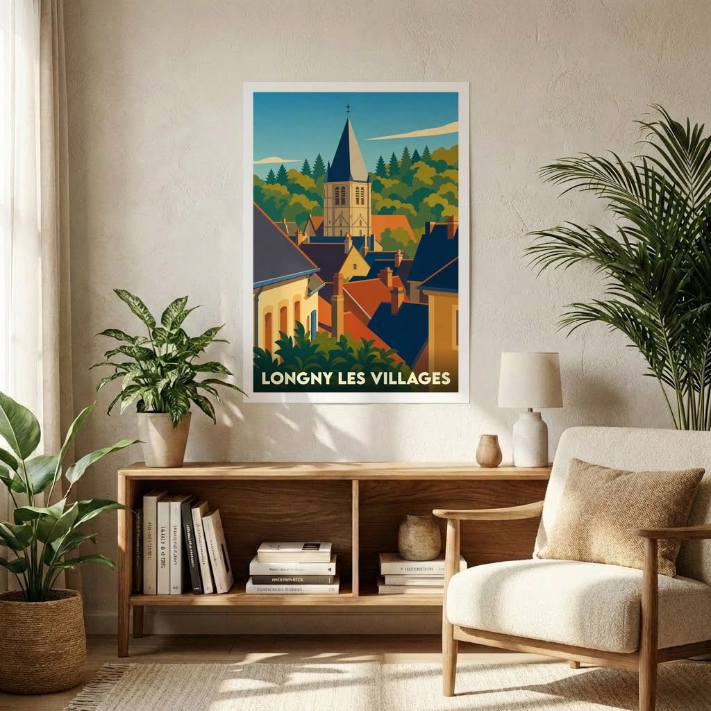 Affiche souvenir de la ville de Longny les Villages avec une illustration stylisée et colorée.