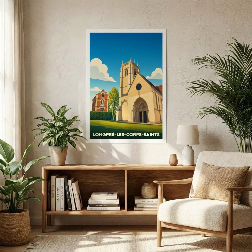 Affiche souvenir de la ville de Longpré-les-Corps-Saints avec une illustration stylisée de son église sous un ciel bleu.