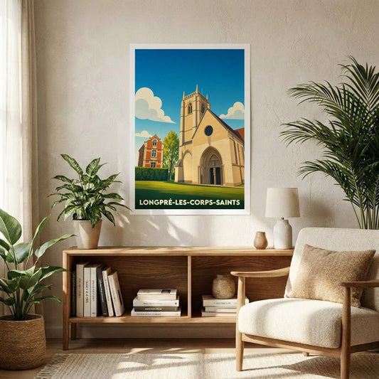 Affiche souvenir de la ville de Longpré-les-Corps-Saints avec une illustration stylisée de son église sous un ciel bleu.