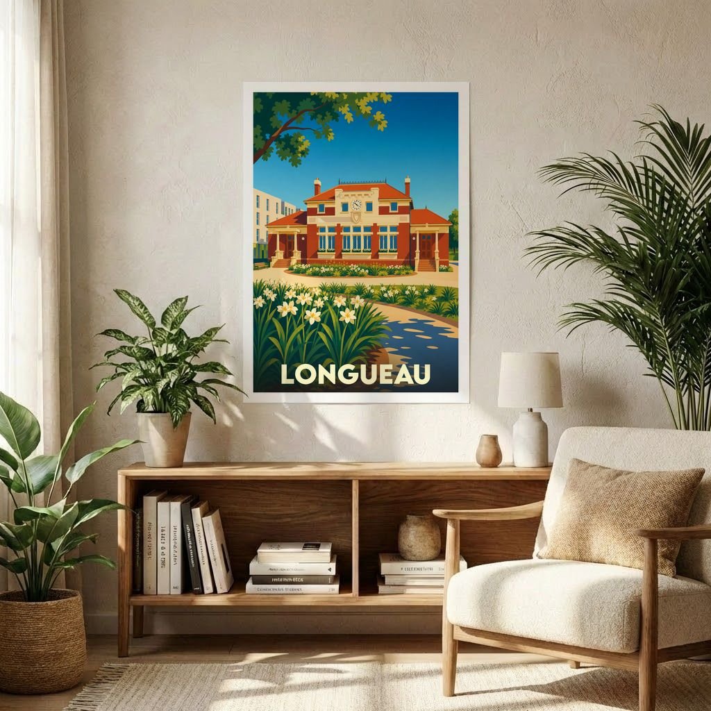 Affiche souvenir de la ville de Longueau avec une illustration stylisée et colorée de l'hôtel de ville.