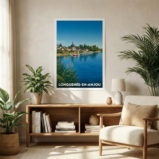 Affiche souvenir de la ville de Longuenée-en-Anjou avec une illustration stylisée des bords de la Mayenne.