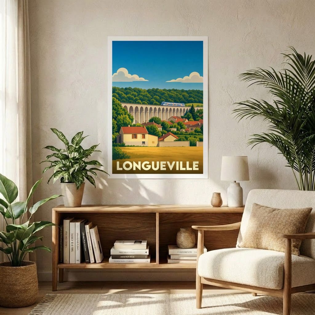 Affiche souvenir de la ville de Longueville avec une illustration stylisée d'un viaduc et d'un train.