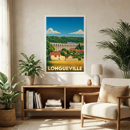 Affiche souvenir de la ville de Longueville avec une illustration stylisée d'un viaduc et d'un train.
