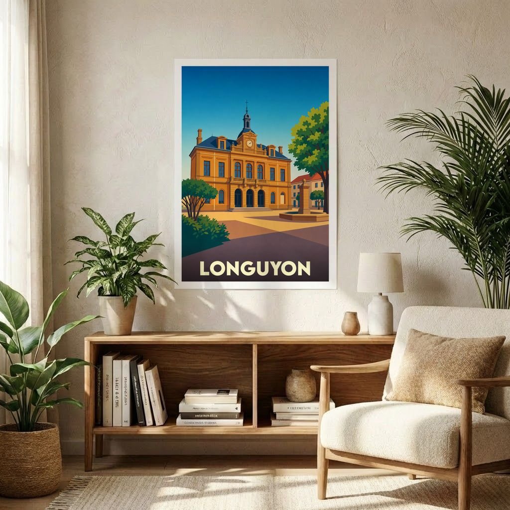 Affiche souvenir de la ville de Longuyon avec une illustration stylisée de son hôtel de ville.
